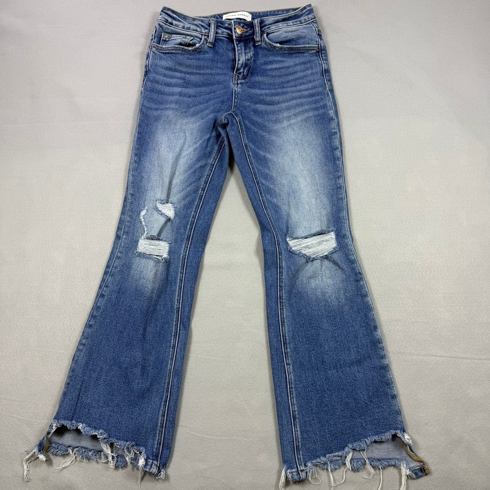 Flying Monkey Distressed Flare Jeans Blue Medium Wash Frayed Hem F4706 Size 25